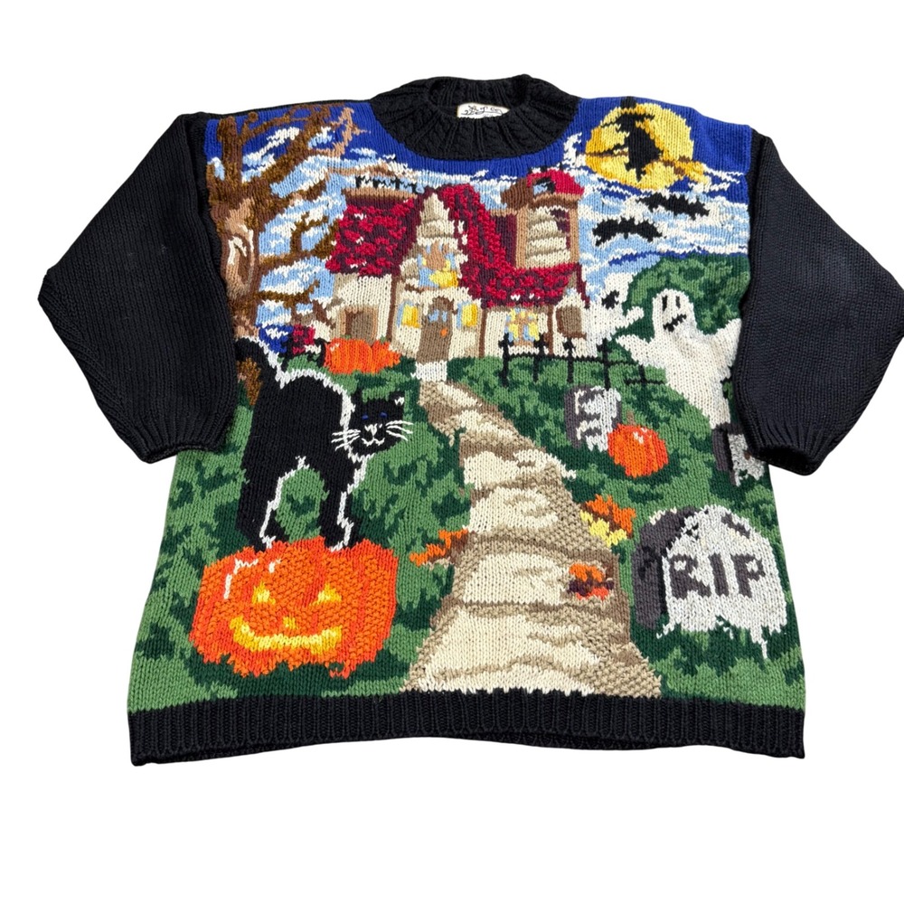 Heirloom Collectibles Halloween Sweater Womens Medium Vintage 1995 Black Cat RIP